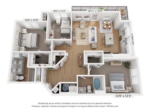 Floor plan for 3 beds, 2 baths, 1285 sqft